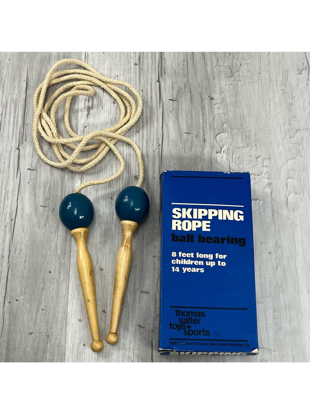 Vintage Thomas Salter Wooden Jump Rope 8’ Scotland Made Ball Bearing Retro Gym